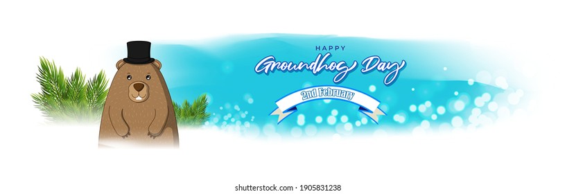 Vector illustration concept of Happy Groundhog Day greeting with cute groundhog coming out from snow covered ground. 2 February.