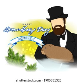 Vector illustration concept of Happy Groundhog Day greeting with cute groundhog coming out from snow covered ground. 2 February.