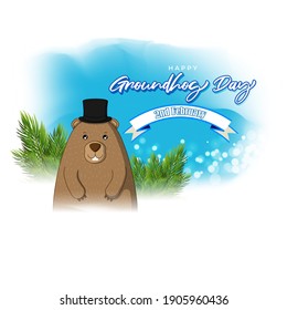 Vector illustration concept of Happy Groundhog Day greeting with cute groundhog coming out from snow covered ground. 2 February.