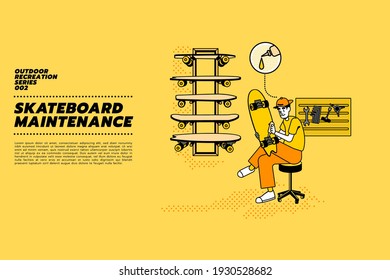 Vector illustration concept of a happy man repairing skateboard or surf skate at home.