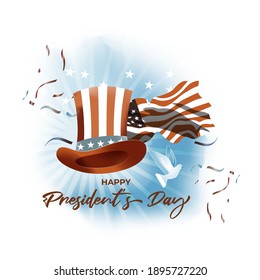 Vector illustration concept of Happy Presidents' Day. Washington's Birthday greeting with American flag and president hat on abstract background.