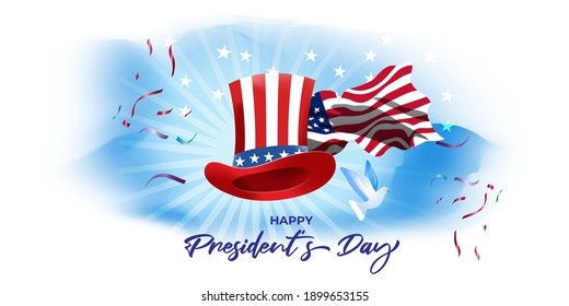 Vector illustration concept of Happy Presidents' Day. Washington's Birthday greeting with American flag and president hat on abstract background.