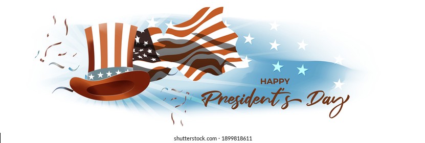 Vector illustration concept of Happy Presidents' Day. Washington's Birthday greeting with American flag and president hat on abstract background.