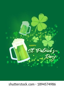 Vector illustration concept of Happy St Patrick's Day greeting with clover, beer on green abstract background. 17 March.