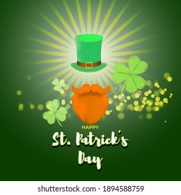 Vector illustration concept of Happy St Patrick's Day greeting with clover, leprechaun hat and beard on green abstract background. 17 March.
