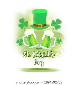 Vector illustration concept of Happy St Patrick's Day greeting with clover, leprechaun hat and beer on green abstract background. 17 March.