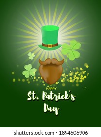 Vector illustration concept of Happy St Patrick's Day greeting with clover, leprechaun hat and beard on green abstract background. 17 March.