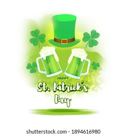 Vector illustration concept for Happy St Patrick's Day greeting with clover, leprechaun hat and beer on green abstract background. 17 March.