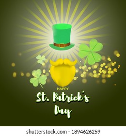 Vector illustration concept of Happy St Patrick's Day greeting with clover, leprechaun hat and beard on green abstract background. 17 March.