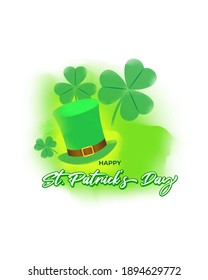 Vector illustration concept of Happy St Patrick's Day greeting with clover and leprechaun hat on green abstract background. 17 March.