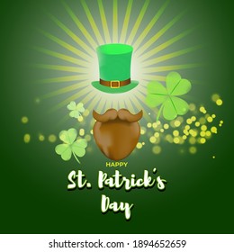 Vector illustration concept of Happy St Patrick's Day greeting with clover, leprechaun hat and beard on green abstract background. 17 March.