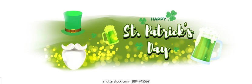 Vector illustration concept of Happy St Patrick's Day greeting with clover, leprechaun hat, beer and beard on green abstract background. 17 March.