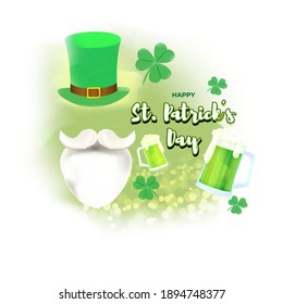 Vector illustration concept of Happy St Patrick's Day greeting with clover, leprechaun hat, beer and beard on green abstract background. 17 March.