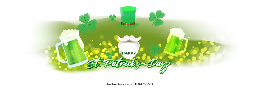 Vector illustration concept of Happy St Patrick's Day greeting with clover, leprechaun hat and beer on green abstract background. 17 March.