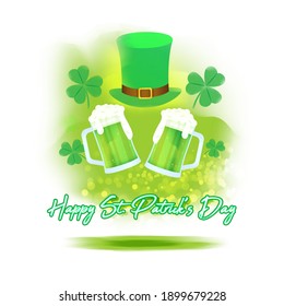 Vector illustration concept of Happy St Patrick's Day greeting with clover and leprechaun hat on green abstract background. 17 March.