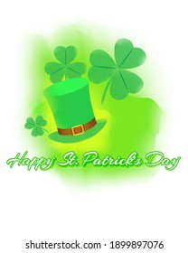 Vector illustration concept of Happy St Patrick's Day greeting with clover and leprechaun hat on green abstract background. 17 March.