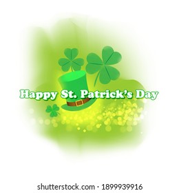 Vector illustration concept of Happy St Patrick's Day greeting with clover and leprechaun hat on green abstract background. 17 March.
