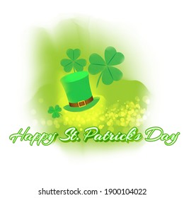Vector illustration concept of Happy St Patrick's Day greeting with clover and leprechaun hat on green abstract background. 17 March.
