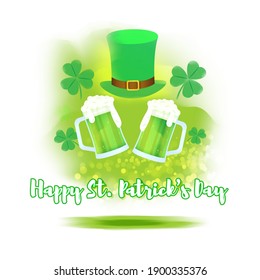 Vector illustration concept of Happy St Patrick's Day greeting with clover and leprechaun hat on green abstract background. 17 March.