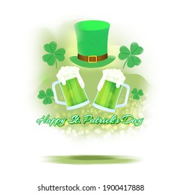 Vector illustration concept of Happy St Patrick's Day greeting with clover and leprechaun hat on green abstract background. 17 March.