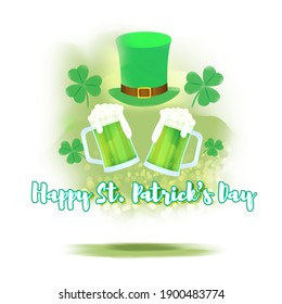 Vector illustration concept of Happy St Patrick's Day greeting with clover and leprechaun hat on green abstract background. 17 March.