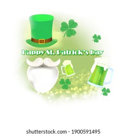 Vector illustration concept of Happy St Patrick's Day greeting with clover and leprechaun hat on green abstract background. 17 March.