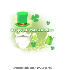 Vector illustration concept of Happy St Patrick's Day greeting with clover and leprechaun hat on green abstract background. 17 March.