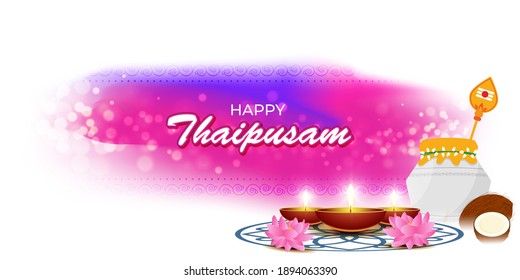 Vector illustration concept of Happy Thaipusam or Thaipoosam greeting with celebrating people, milk pot, spear, diya, coconut. Traditional Tamil Hindu Festival. 