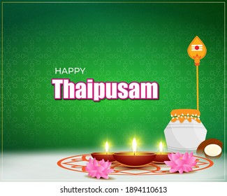 Vector illustration concept of Happy Thaipusam or Thaipoosam greeting with celebrating people, milk pot, spear, diya, coconut. Traditional Tamil Hindu Festival. 