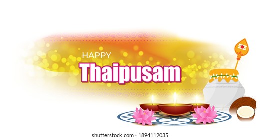 Vector illustration concept of Happy Thaipusam or Thaipoosam greeting with celebrating people, milk pot, spear, diya, coconut. Traditional Tamil Hindu Festival. 