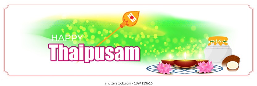 Vector illustration concept of Happy Thaipusam or Thaipoosam greeting with celebrating people, milk pot, spear, diya, coconut. Traditional Tamil Hindu Festival. 