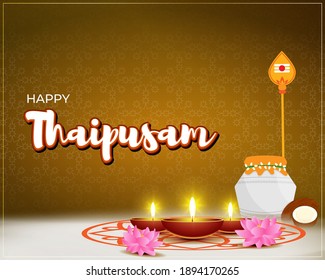 Vector illustration concept of Happy Thaipusam or Thaipoosam greeting with celebrating people, milk pot, spear, diya, coconut. Traditional Tamil Hindu Festival. 