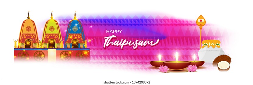 Vector illustration concept of Happy Thaipusam or Thaipoosam greeting with celebrating people, milk pot, spear, diya, coconut. Traditional Tamil Hindu Festival. 