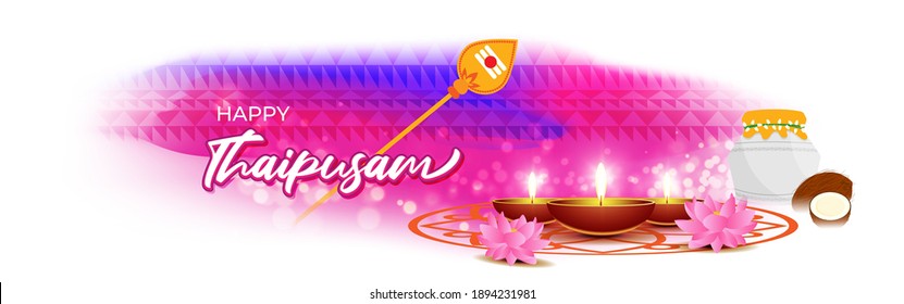 Vector illustration concept of Happy Thaipusam or Thaipoosam greeting with celebrating people, milk pot, spear, diya, coconut. Traditional Tamil Hindu Festival. 