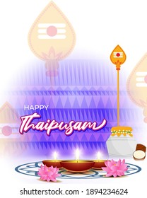 Vector illustration concept of Happy Thaipusam or Thaipoosam greeting with celebrating people, milk pot, spear, diya, coconut. Traditional Tamil Hindu Festival. 