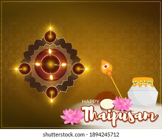 Vector illustration concept of Happy Thaipusam or Thaipoosam greeting with celebrating people, milk pot, spear, diya, coconut. Traditional Tamil Hindu Festival. 