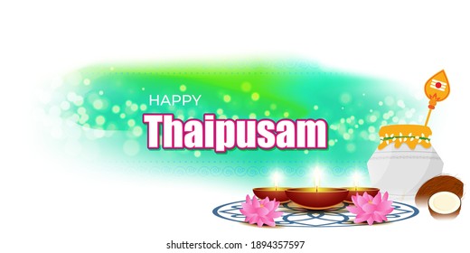 Vector illustration concept of Happy Thaipusam or Thaipoosam greeting with celebrating people, milk pot, spear, diya, coconut. Traditional Tamil Hindu Festival. 