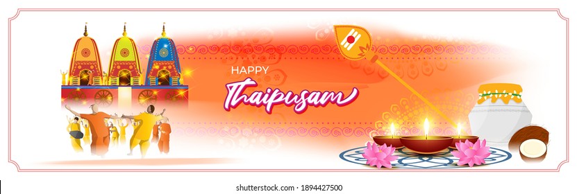 Vector illustration concept of Happy Thaipusam or Thaipoosam greeting with celebrating people, milk pot, spear, diya, coconut. Traditional Tamil Hindu Festival. 