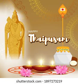Vector illustration concept of Happy Thaipusam or Thaipoosam greeting with celebrating people, milk pot, spear, diya, coconut.