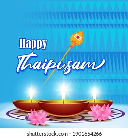 Vector illustration concept of Happy Thaipusam or Thaipoosam greeting with milk pot, spear, diya. Traditional Tamil Hindu Festival. 