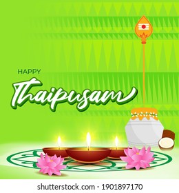 Vector illustration concept of Happy Thaipusam or Thaipoosam greeting with milk pot, spear, diya. Traditional Tamil Hindu Festival. 