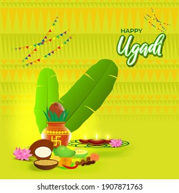 Concepto de ilustración vectorial del saludo Feliz Ugadi con kalasha y comida tradicional. También llamado Gudi Padwa. Año Nuevo del Sur de la India.