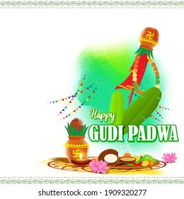 Vector illustration concept of Happy Ugadi greeting with kalasha and traditional food. Also called Gudi Padwa. South Indian New Year's Day.