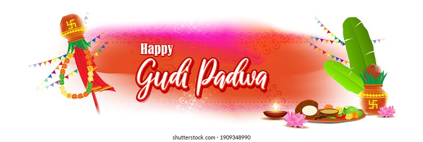 Concepto de ilustración vectorial del saludo Feliz Ugadi con kalasha y comida tradicional. También llamado Gudi Padwa. Año Nuevo del Sur de la India.