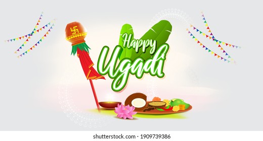 Concepto de ilustración vectorial del saludo Feliz Ugadi con kalasha y comida tradicional. También llamado Gudi Padwa. Año Nuevo del Sur de la India.