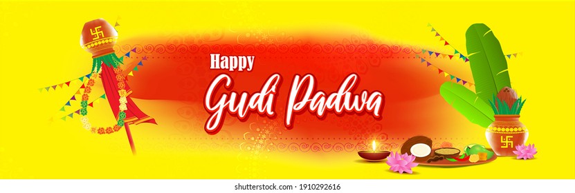 Vector illustration concept for Happy Ugadi greeting with a kalasha pot and traditional food, also called Gudi Padwa. South Indian New Year's Day.3