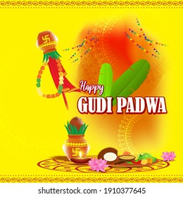 Vector illustration concept of Happy Ugadi greeting with kalasha and traditional food. Also called Gudi Padwa. South Indian New Year's Day.