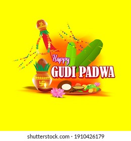 Vector illustration concept of Happy Ugadi greeting with kalasha and traditional food. Also called Gudi Padwa. South Indian New Year's Day.
