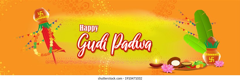Vector illustration concept of Happy Ugadi greeting with kalasha and traditional food. Also called Gudi Padwa. South Indian New Year's Day.