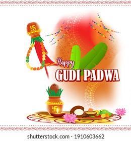 Vector illustration concept of Happy Ugadi greeting with kalasha and traditional food. Also called Gudi Padwa. South Indian New Year's Day.